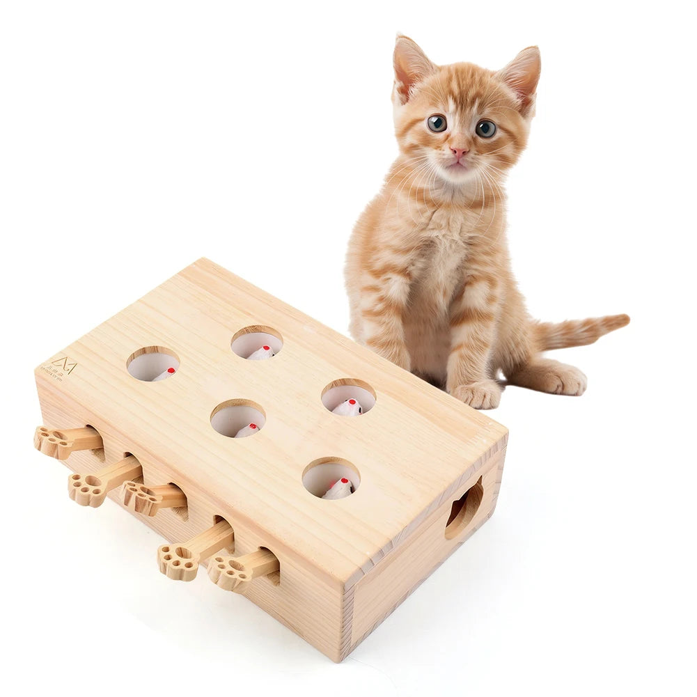 Wooden Whack-A-Mole Cat Toy Catch Mice Game Interactive Cat Toy for Cats & Kittens
