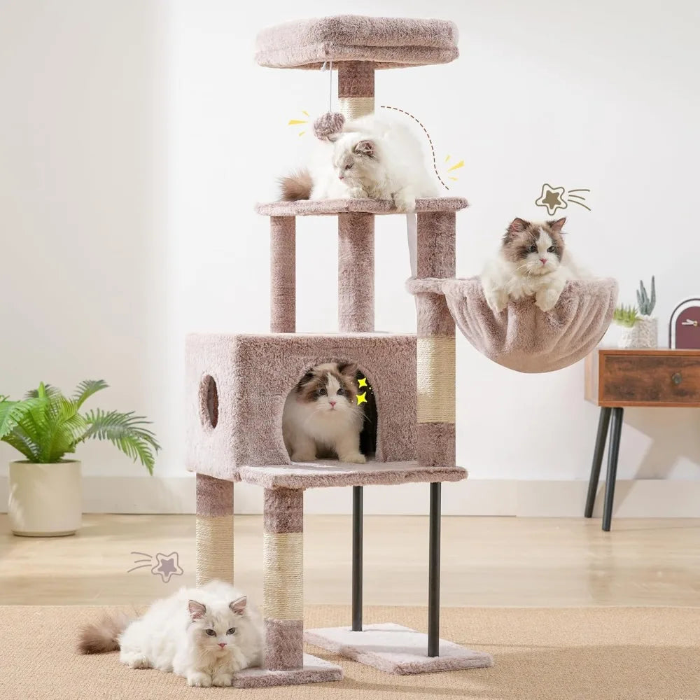 49 Inch Multi Level Cat Tower Condo with Hidden Space Steel Frame Plush Perch Hammock and Sisal Posts