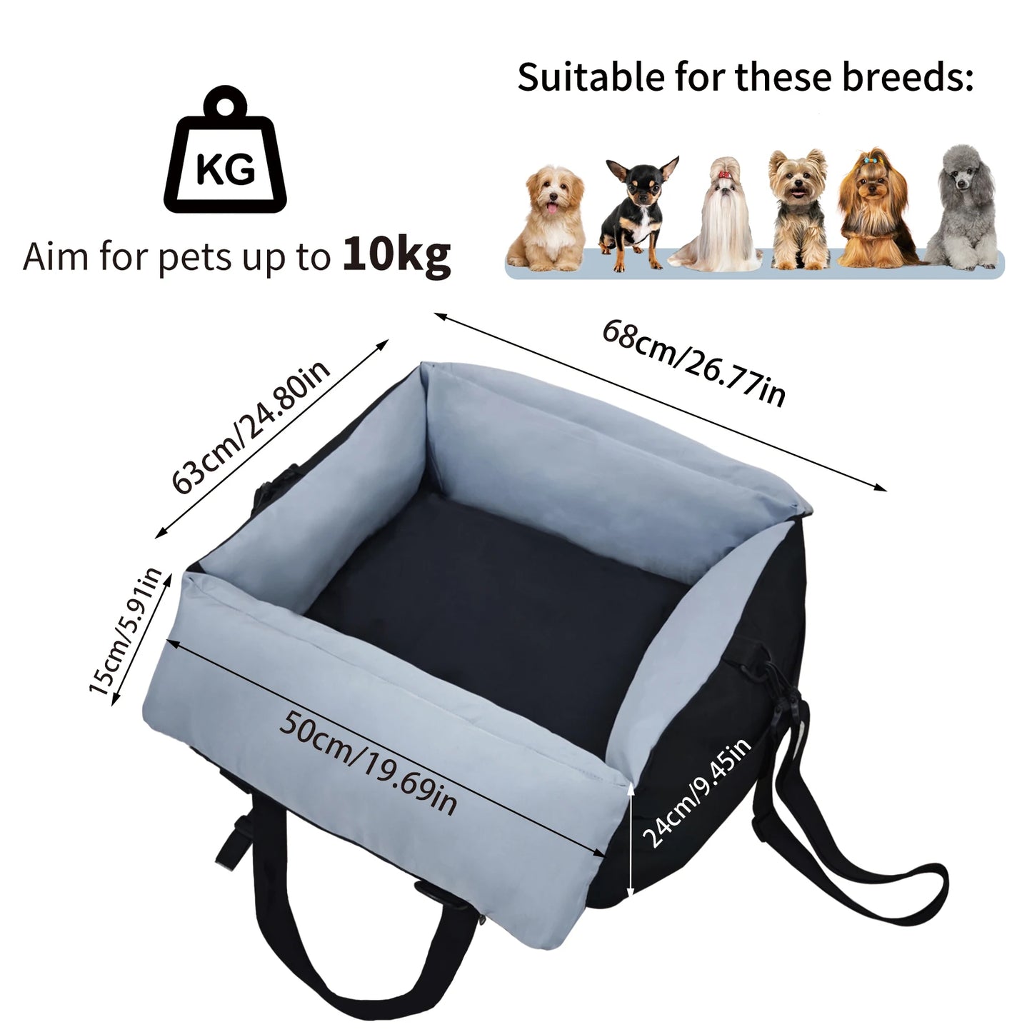 Portable Dog Car Seat Pet Dog Booster Seat Puppy Travel Carrier Bed with Safety Belt Storage Pocket Removable Washable Cover