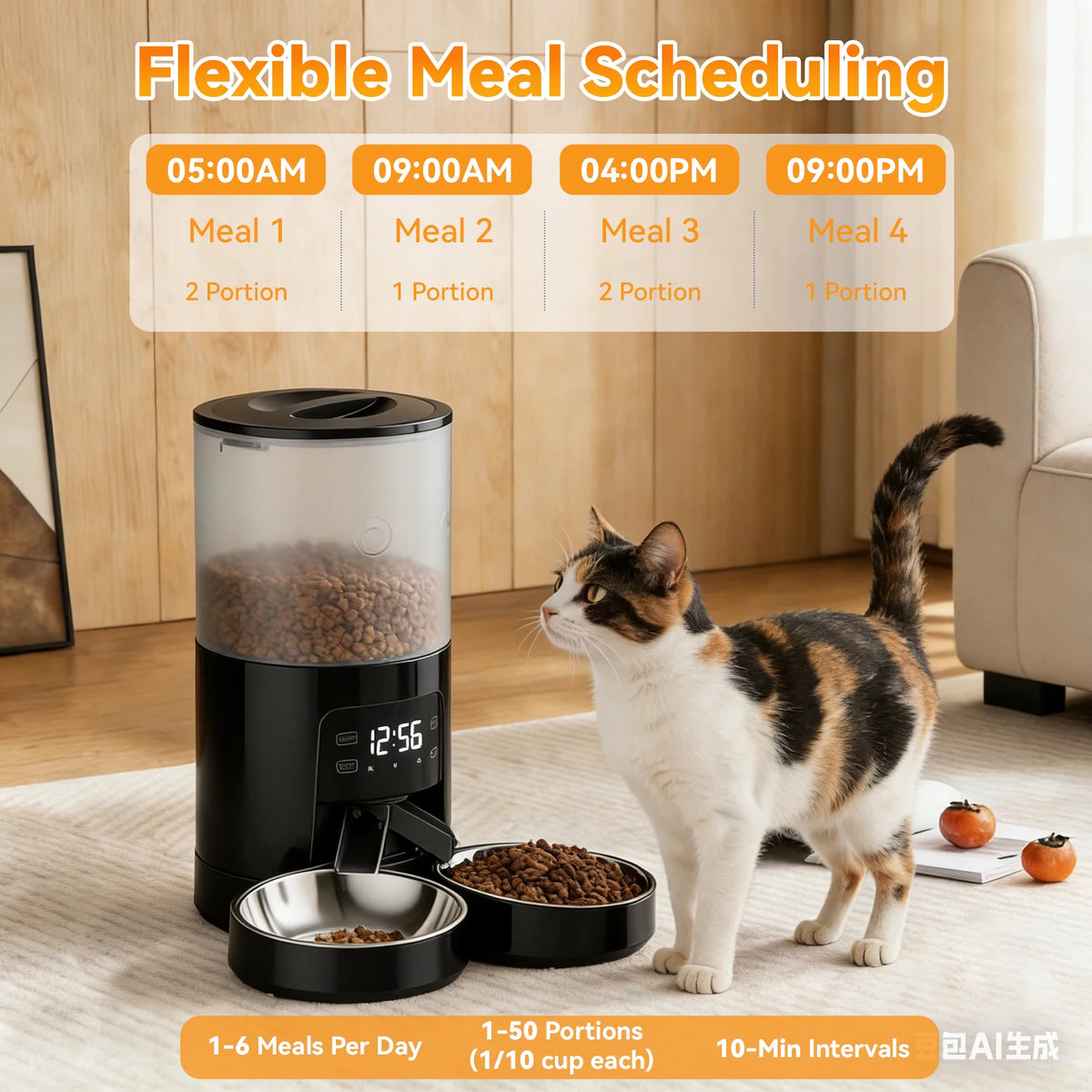 JHK 6L Automatic Cat Feeder with 2 Stainless Bowls Timed Cat Food Dispenser Dual Power Supply Dual Pet Feeder for Cat and Dog