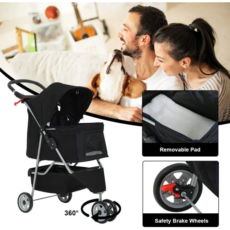 3-Wheel Pet Stroller Breathable Mesh, Lightweight Travel Carrier for Dogs & Cats,Waterproof, Foldable Design with Storage Basket