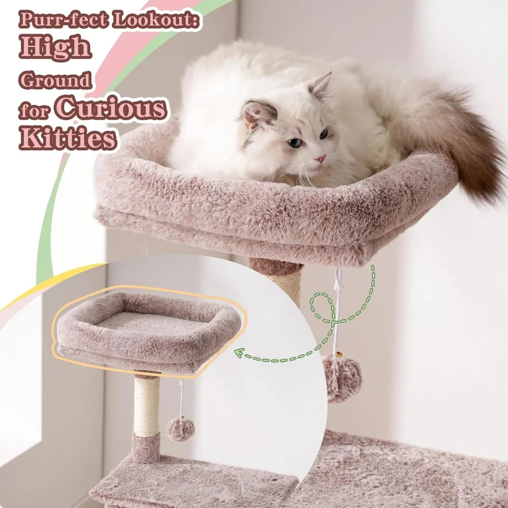 49 Inch Multi Level Cat Tower Condo with Hidden Space Steel Frame Plush Perch Hammock and Sisal Posts