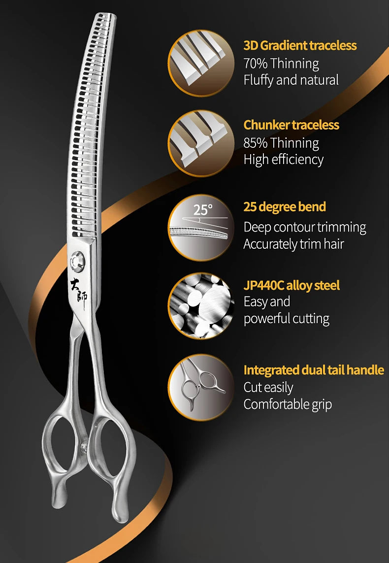 Fenice Master Series 7.0 Inch JP440C 3D Gradient Traceless Teeth Pet Curved Natural/Chunker Scissors Specialised for Pet Groomer