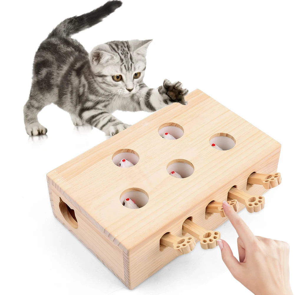 Wooden Whack-A-Mole Cat Toy Catch Mice Game Interactive Cat Toy for Cats & Kittens