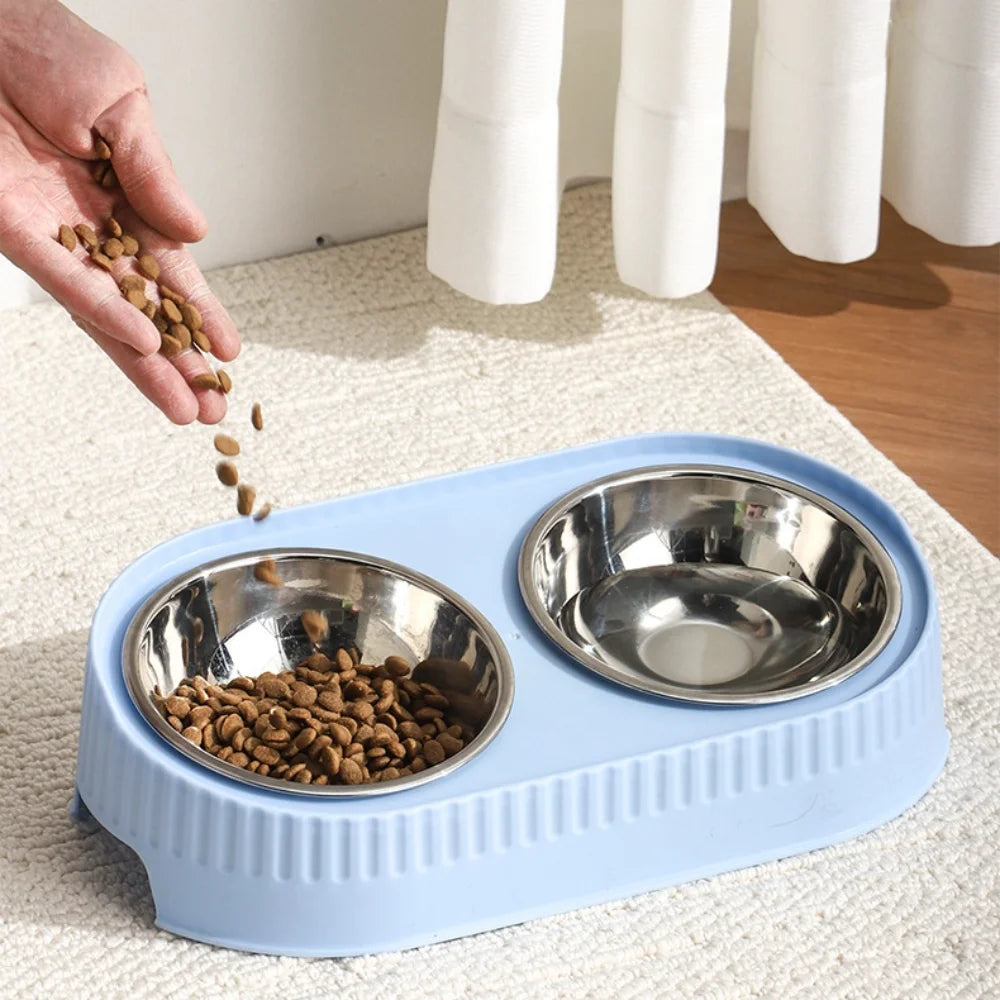 Stainless Steel Double Pet Bowl: Elevated Feeder with Non-Slip Wide Base, Dual Compartment for Food & Water with Neck Support