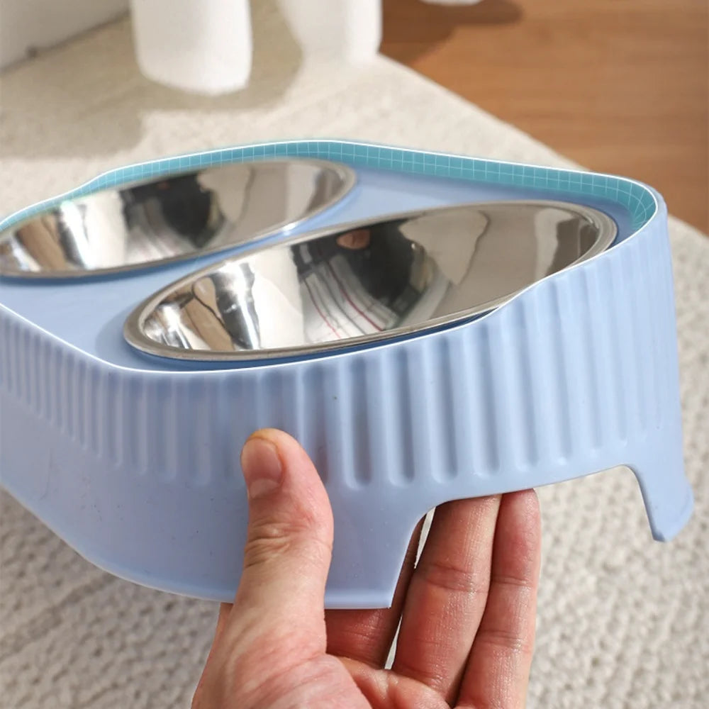 Stainless Steel Double Pet Bowl: Elevated Feeder with Non-Slip Wide Base, Dual Compartment for Food & Water with Neck Support
