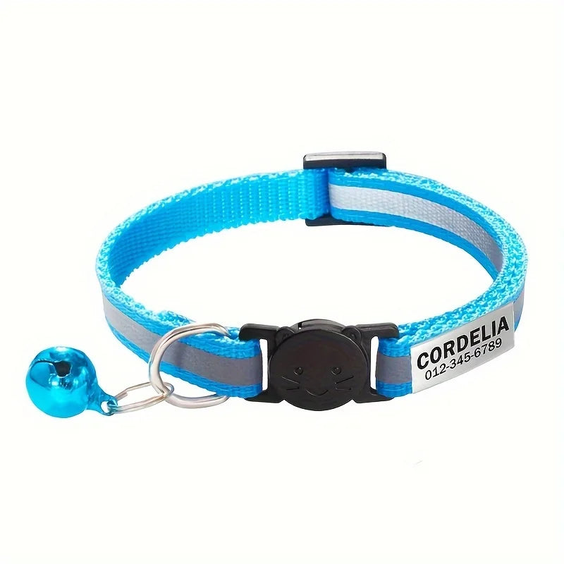 Personalized Reflective Cat Collar Safety Breakaway Cats Collars with Bell Quick Release ID Nameplate Necklace Free Engraving
