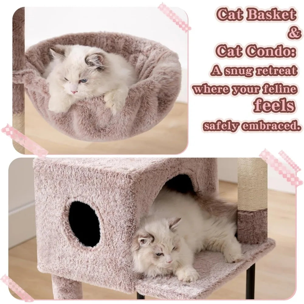 49 Inch Multi Level Cat Tower Condo with Hidden Space Steel Frame Plush Perch Hammock and Sisal Posts