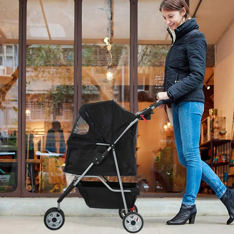 3-Wheel Pet Stroller Breathable Mesh, Lightweight Travel Carrier for Dogs & Cats,Waterproof, Foldable Design with Storage Basket