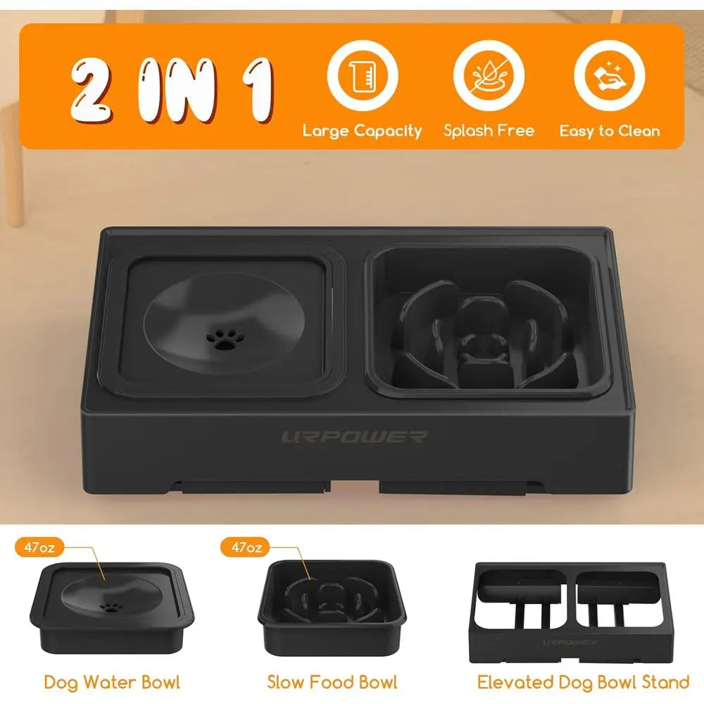 2-in-1 Elevated Slow Feeder Dog Bowls with No-Spill Water Bowl, 4 Height-Adjustable Raised Dog Bowls, Non-Slip Food and Water Bo