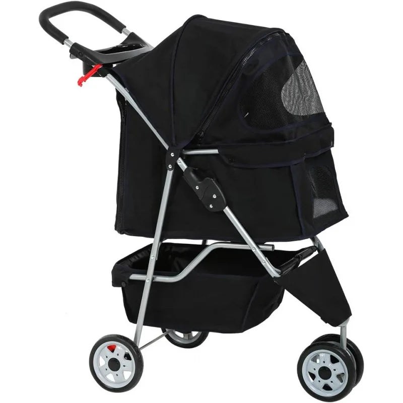 3-Wheel Pet Stroller Breathable Mesh, Lightweight Travel Carrier for Dogs & Cats,Waterproof, Foldable Design with Storage Basket