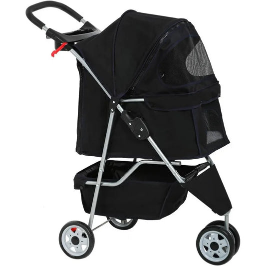 3-Wheel Pet Stroller Breathable Mesh, Lightweight Travel Carrier for Dogs & Cats,Waterproof, Foldable Design with Storage Basket