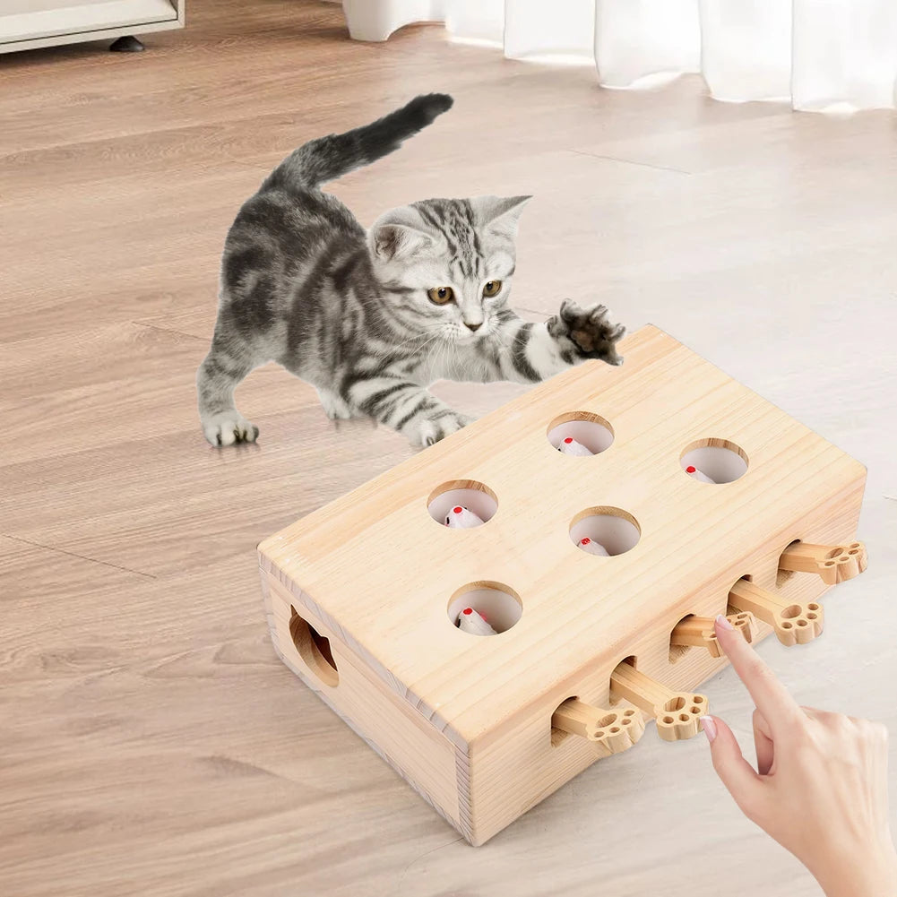 Wooden Whack-A-Mole Cat Toy Catch Mice Game Interactive Cat Toy for Cats & Kittens