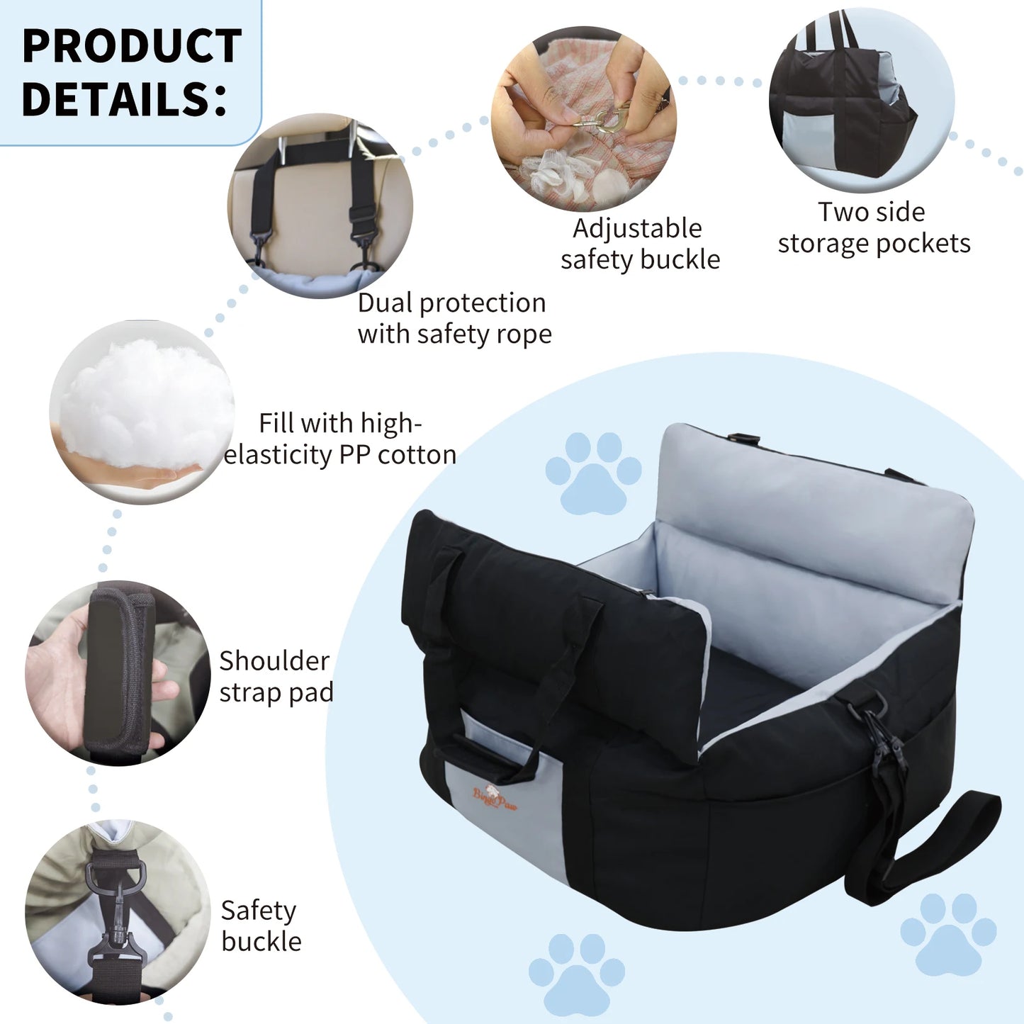 Portable Dog Car Seat Pet Dog Booster Seat Puppy Travel Carrier Bed with Safety Belt Storage Pocket Removable Washable Cover