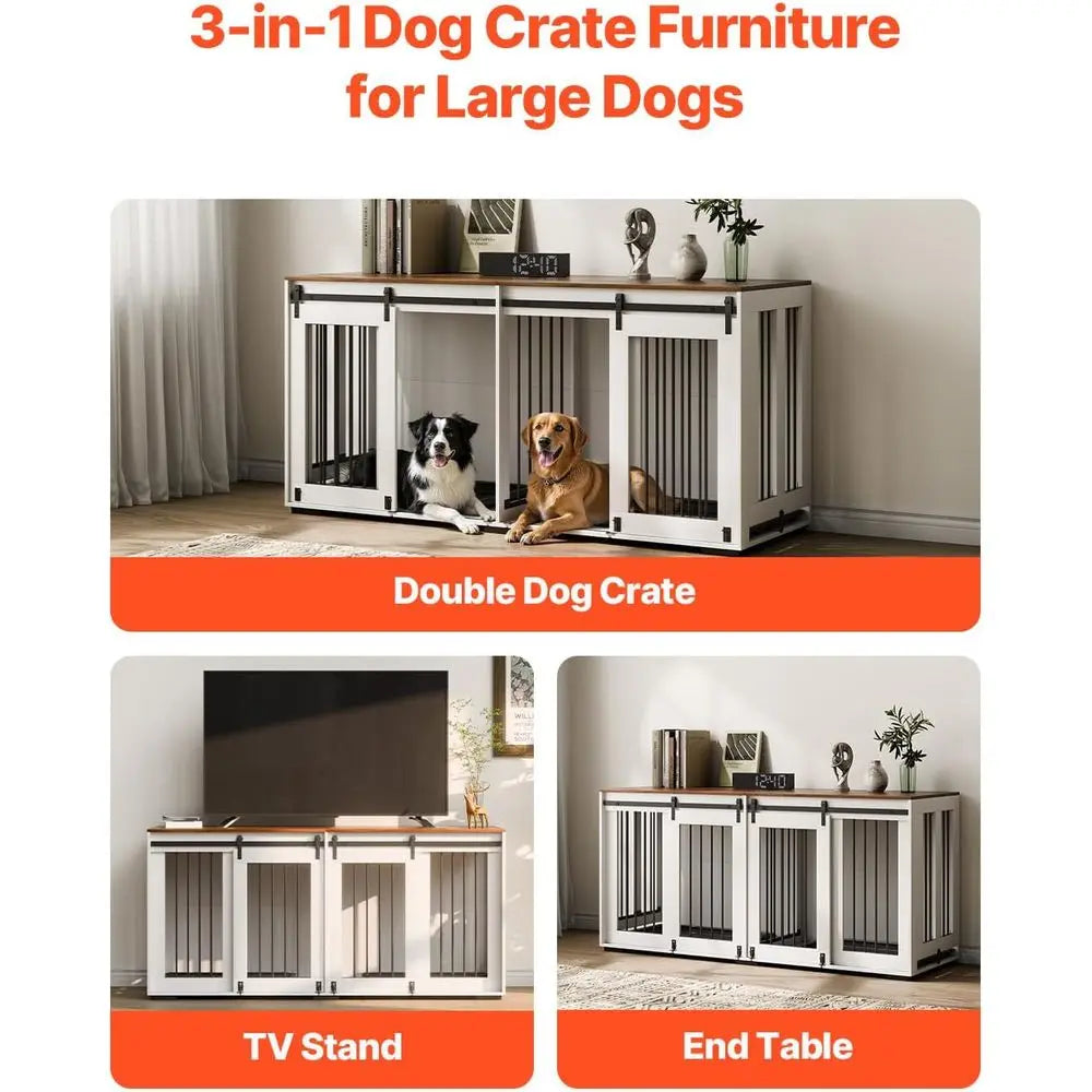 Dual Dog Crate Furniture with Sliding Doors, Large TV Stand Style, Removable Tray, Suitable for Small to Large Dogs, White Steel
