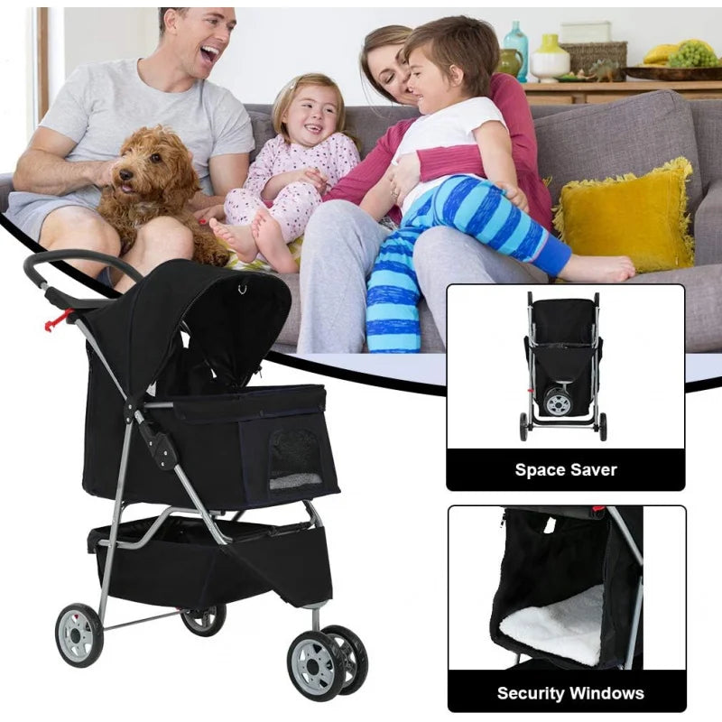 3-Wheel Pet Stroller Breathable Mesh, Lightweight Travel Carrier for Dogs & Cats,Waterproof, Foldable Design with Storage Basket