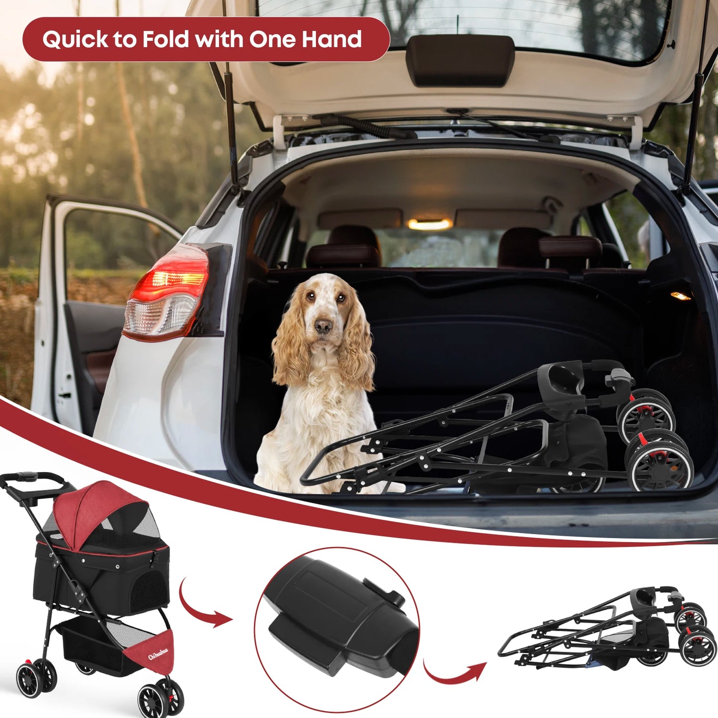 Pet Stroller For Small Medium Cats&Dogs 3 Wheels Foldable with Breathable Mesh Canopy Pet Travel Carrier Suitable Outdoor Travel