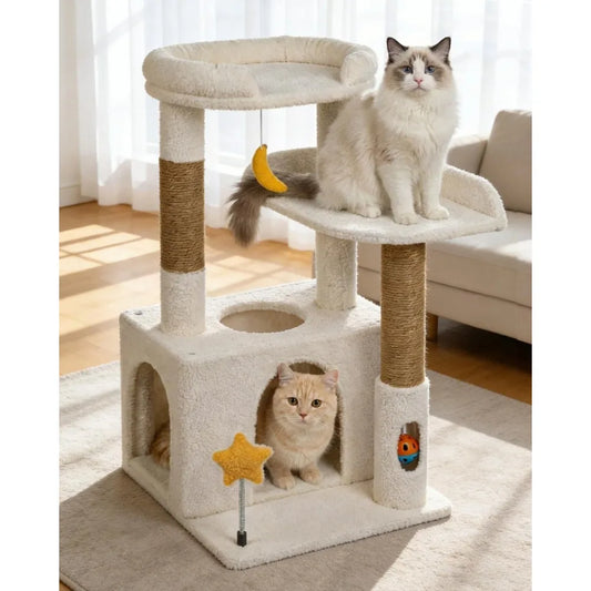 Compact Beige Cat Tree with Condo Plush Hammock Sisal Posts Dangling Toy and Self Grooming Brush
