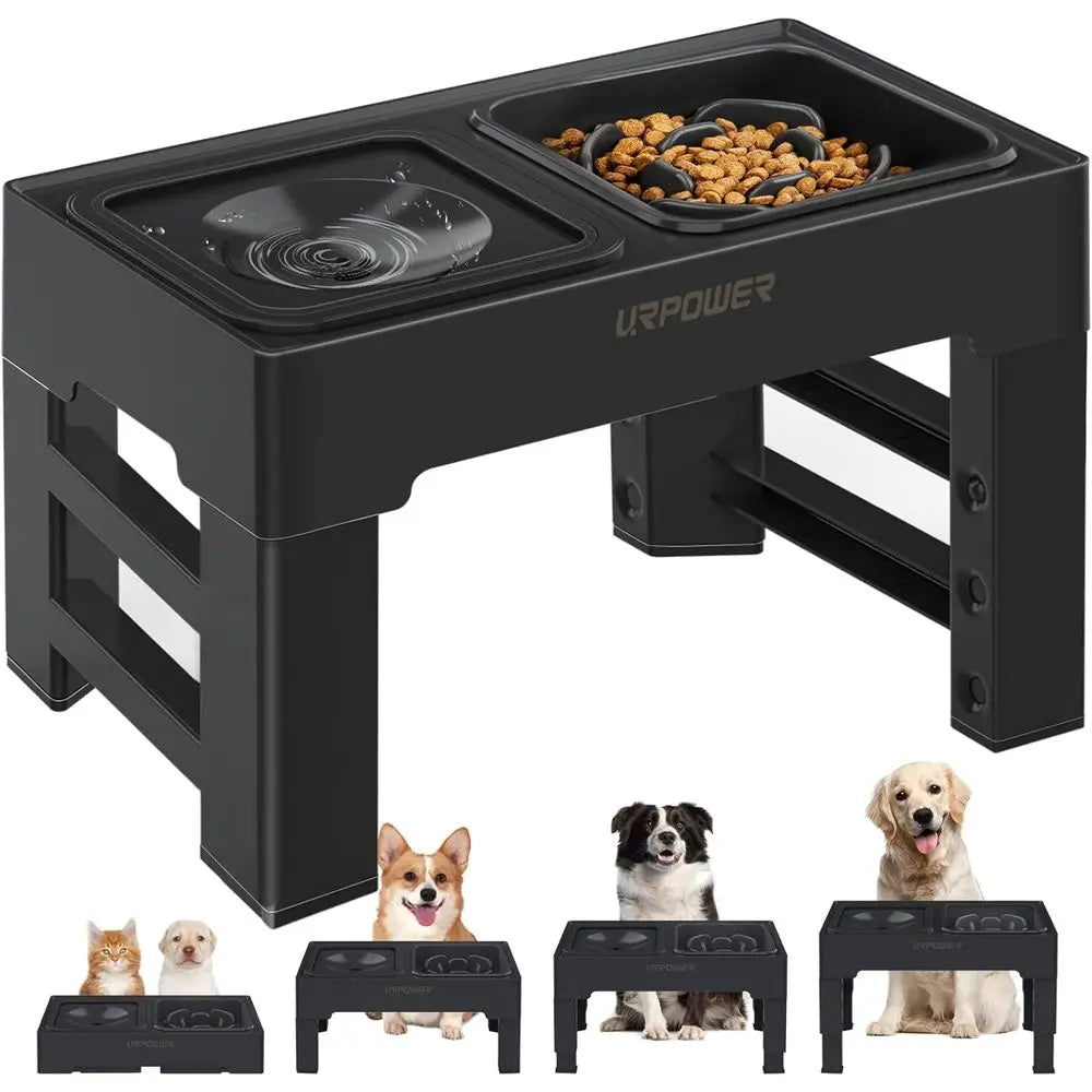 2-in-1 Elevated Slow Feeder Dog Bowls with No-Spill Water Bowl, 4 Height-Adjustable Raised Dog Bowls, Non-Slip Food and Water Bo