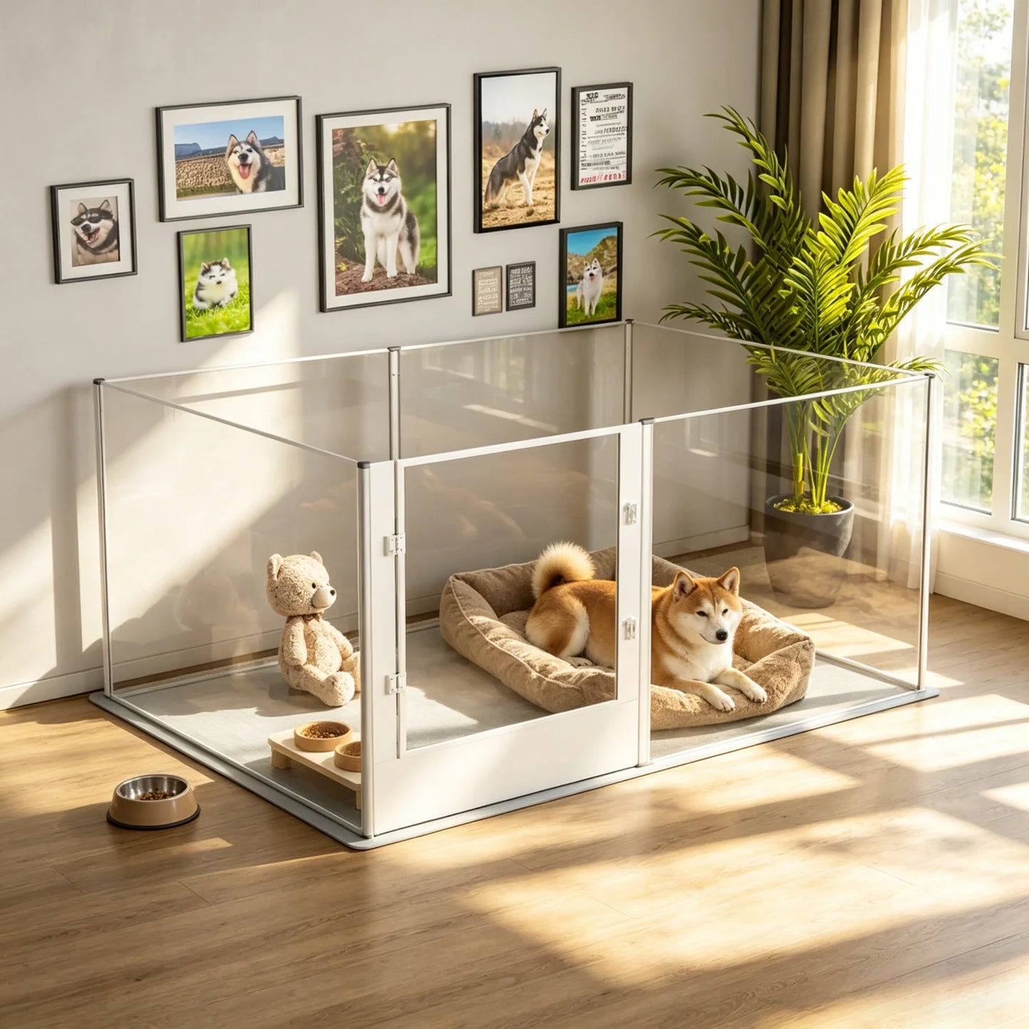 Large Acrylic Dog Playpen Fence for Indoor, Pet Kennels Crate Whelping Box with Waterproof Mat Dog Fences Exercise Pens, 6 Panel