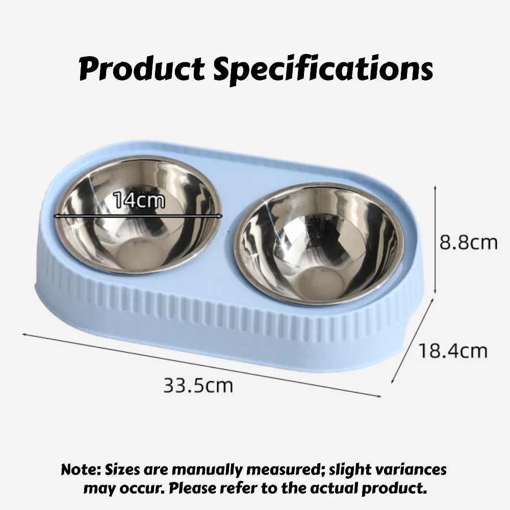 Stainless Steel Double Pet Bowl: Elevated Feeder with Non-Slip Wide Base, Dual Compartment for Food & Water with Neck Support