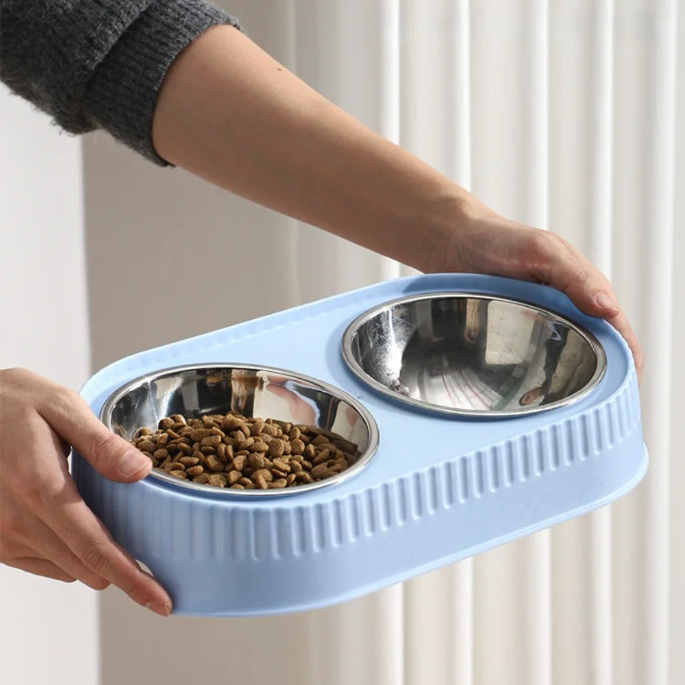 Stainless Steel Double Pet Bowl: Elevated Feeder with Non-Slip Wide Base, Dual Compartment for Food & Water with Neck Support
