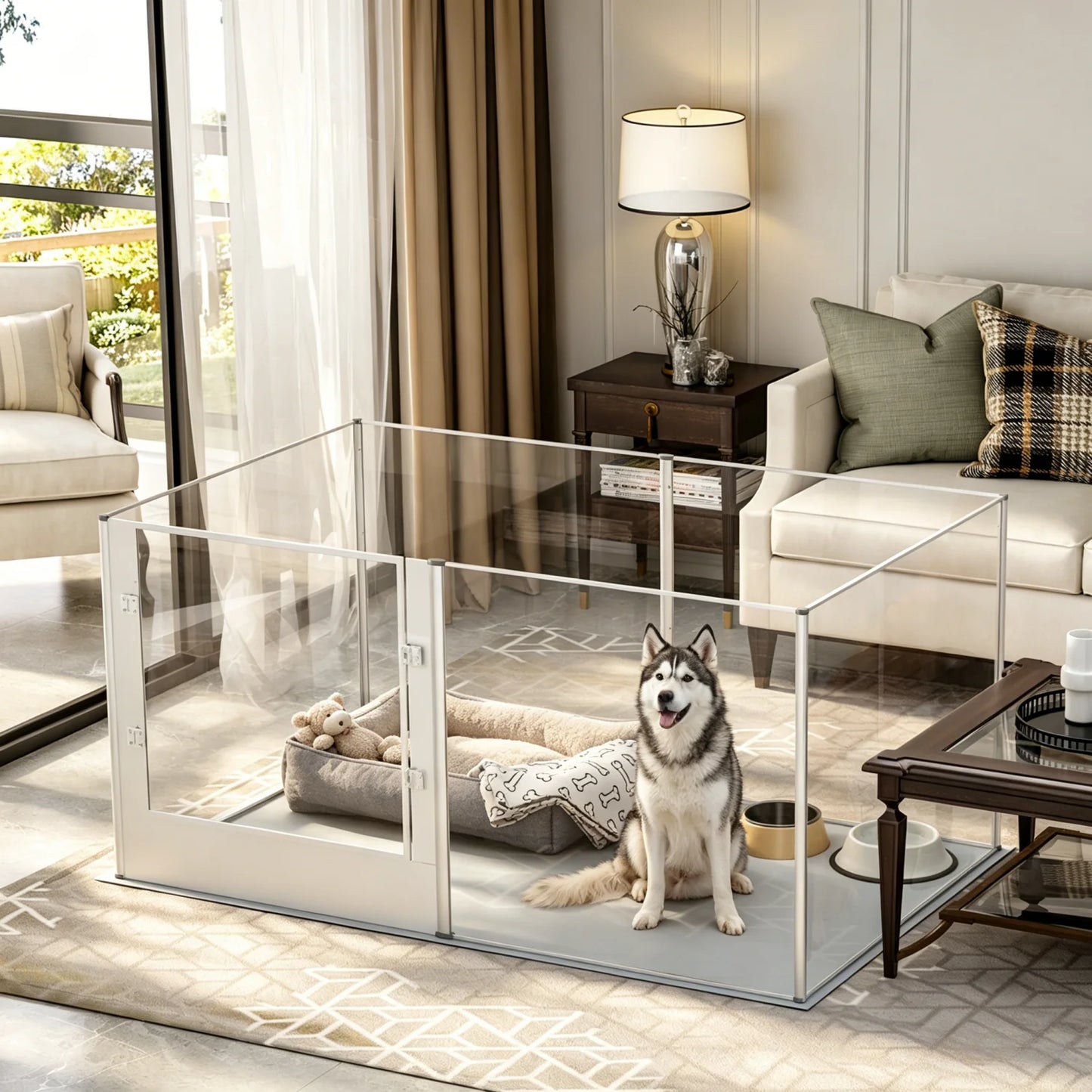 Large Acrylic Dog Playpen Fence for Indoor, Pet Kennels Crate Whelping Box with Waterproof Mat Dog Fences Exercise Pens, 6 Panel