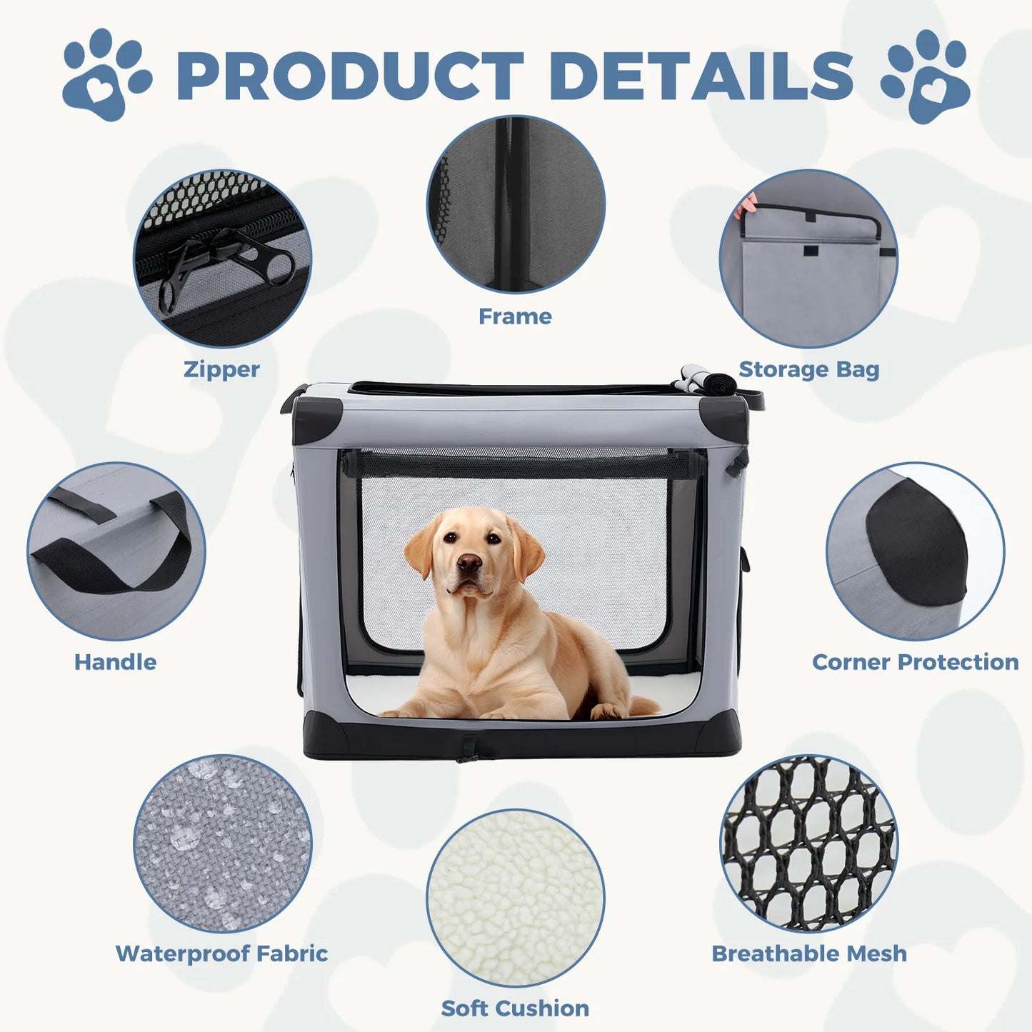 JHK 600D Oxford Fabric Foldable Soft Dog Crate Portable Pet Kennel with 3 Doors Use for Small to Extra Large Dogs Indoor