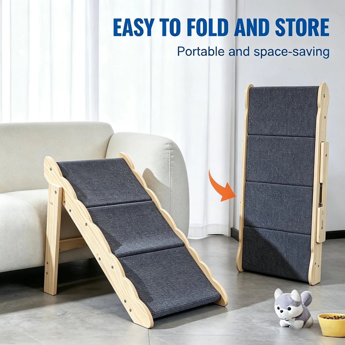 2-in-1 Wooden Pet Stairs & Folding Dog Ramp 3/4 Step Anti-Slip Ladder For High Beds Cars Indoor Cats Dogs Support Up To 150lbs