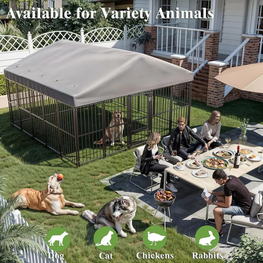 Durable 10x10ft Outdoor Dog Kennel with Feeding Door, Roof, and Double Safety Locks