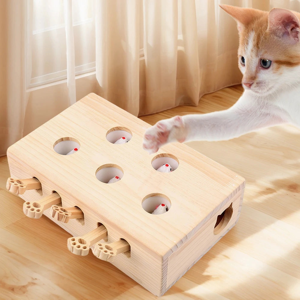 Wooden Whack-A-Mole Cat Toy Catch Mice Game Interactive Cat Toy for Cats & Kittens