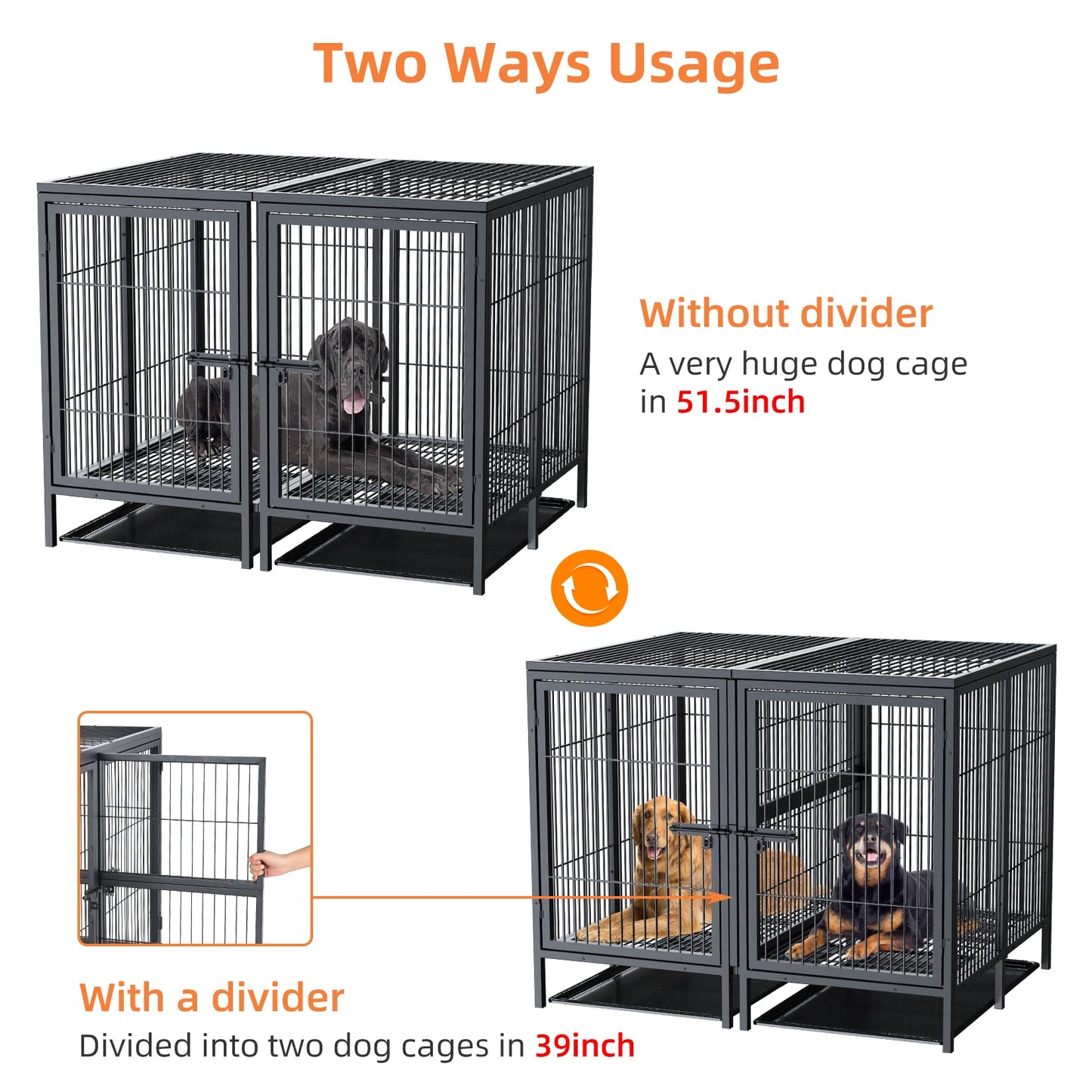 XXXL Large Heavy Duty Metal Dog Cage Raised Crate Pet Playpen Kennel Partition for 2 Dogs with Double Door Tray Divider Playpen