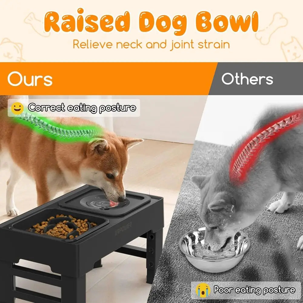 2-in-1 Elevated Slow Feeder Dog Bowls with No-Spill Water Bowl, 4 Height-Adjustable Raised Dog Bowls, Non-Slip Food and Water Bo