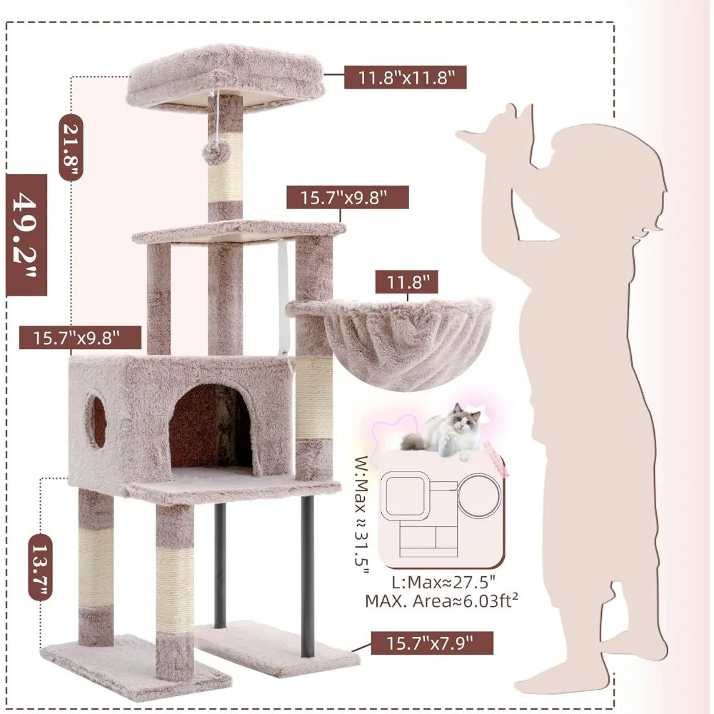 49 Inch Multi Level Cat Tower Condo with Hidden Space Steel Frame Plush Perch Hammock and Sisal Posts
