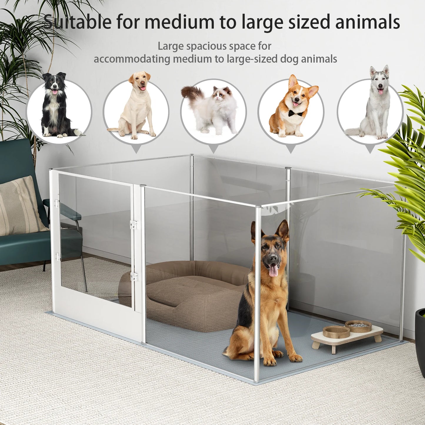 Large Acrylic Dog Playpen Fence for Indoor, Pet Kennels Crate Whelping Box with Waterproof Mat Dog Fences Exercise Pens, 6 Panel