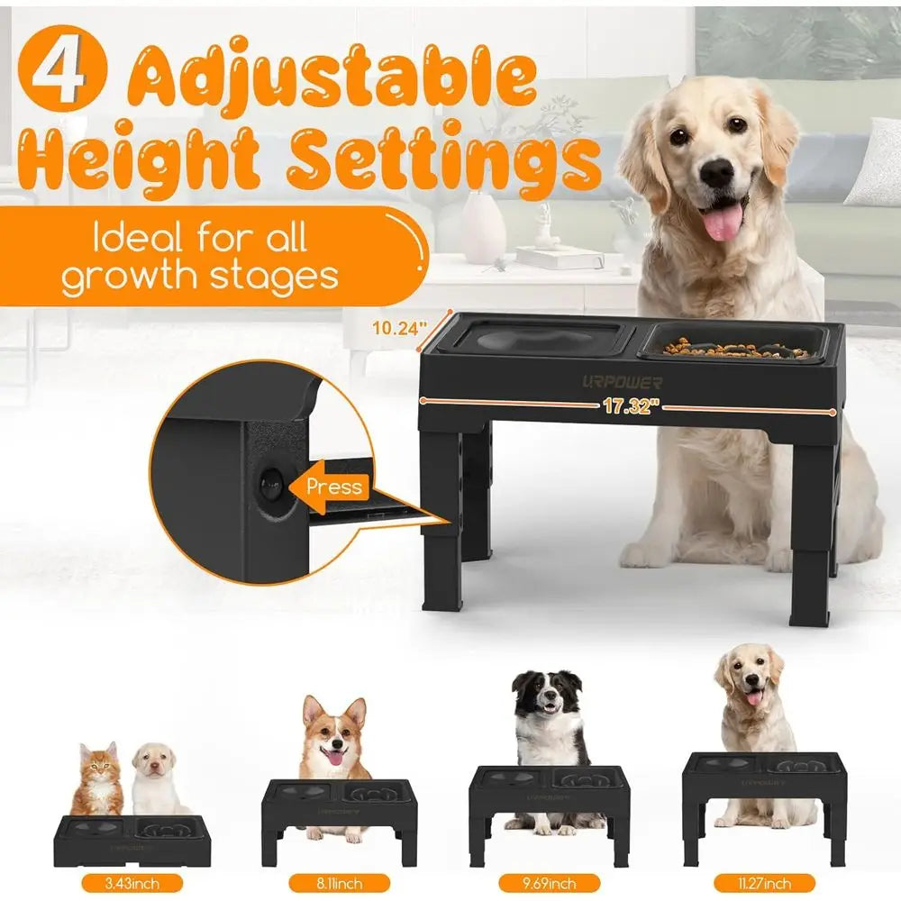 2-in-1 Elevated Slow Feeder Dog Bowls with No-Spill Water Bowl, 4 Height-Adjustable Raised Dog Bowls, Non-Slip Food and Water Bo