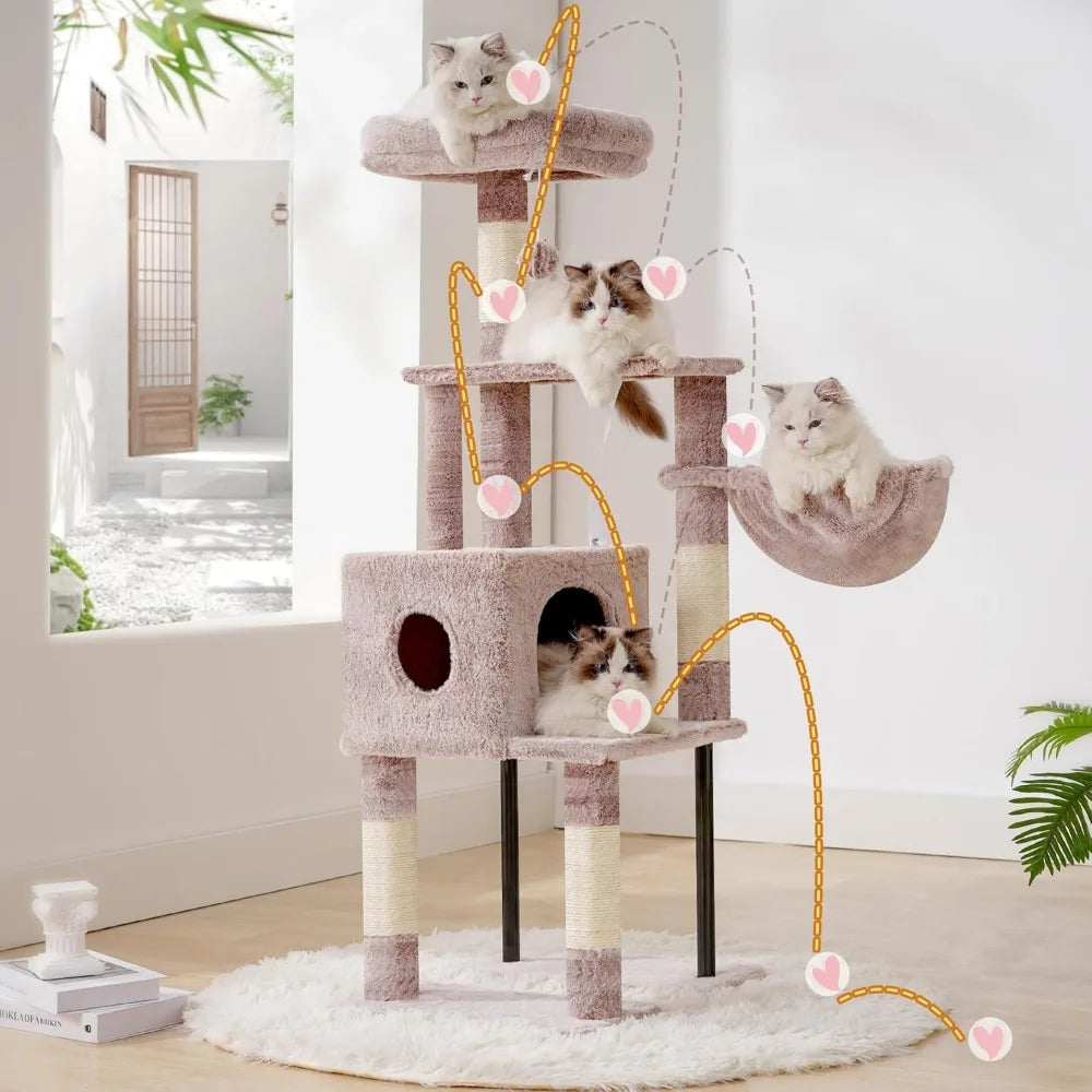 49 Inch Multi Level Cat Tower Condo with Hidden Space Steel Frame Plush Perch Hammock and Sisal Posts