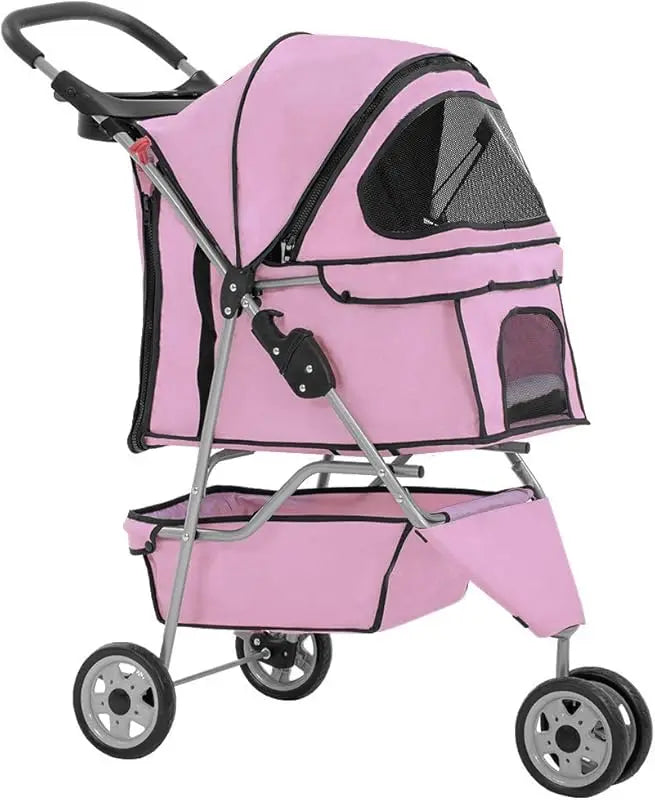3-Wheel Pet Stroller Breathable Mesh, Lightweight Travel Carrier for Dogs & Cats,Waterproof, Foldable Design with Storage Basket