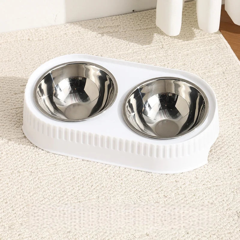 Stainless Steel Double Pet Bowl: Elevated Feeder with Non-Slip Wide Base, Dual Compartment for Food & Water with Neck Support