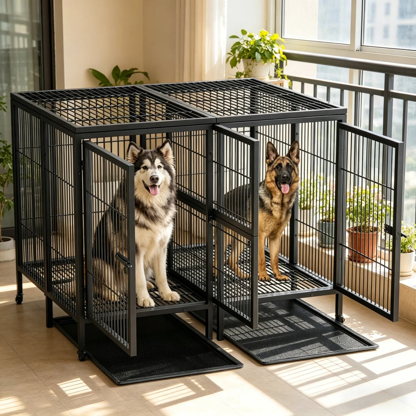 XXXL Large Heavy Duty Metal Dog Cage Raised Crate Pet Playpen Kennel Partition for 2 Dogs with Double Door Tray Divider Playpen