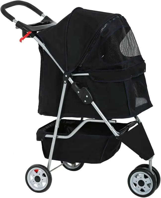 3-Wheel Pet Stroller Breathable Mesh, Lightweight Travel Carrier for Dogs & Cats,Waterproof, Foldable Design with Storage Basket