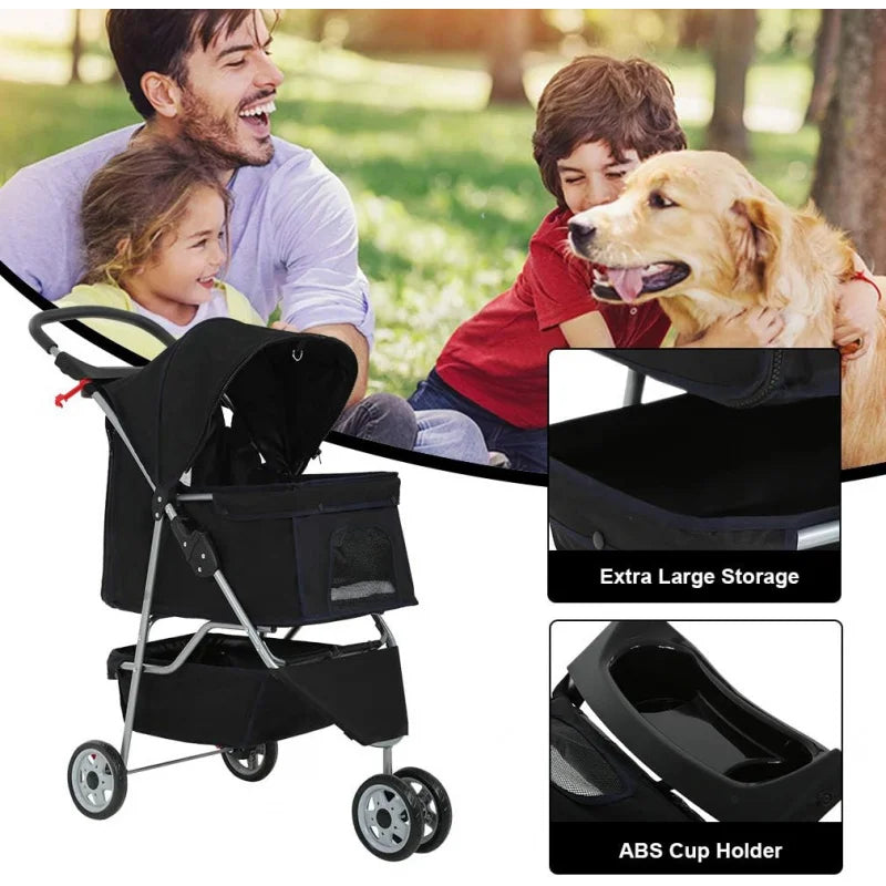 3-Wheel Pet Stroller Breathable Mesh, Lightweight Travel Carrier for Dogs & Cats,Waterproof, Foldable Design with Storage Basket