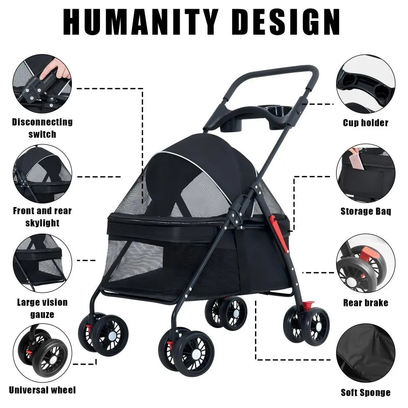 Pet Stroller Dogs Cats Teddy Bear Baby Stroller Small Pet Stroller Light and Foldable Suitable Outdoor Travel Dog Cat Supplies