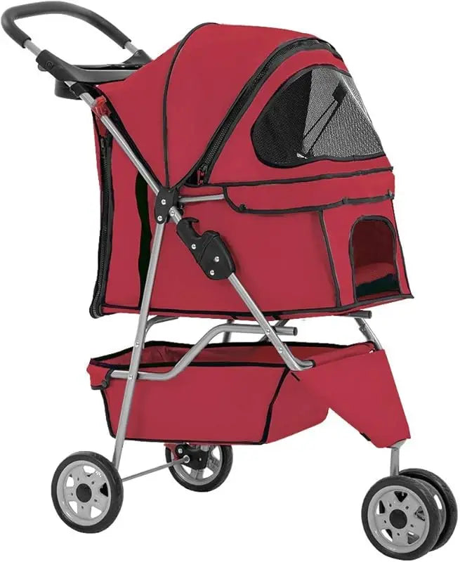 3-Wheel Pet Stroller Breathable Mesh, Lightweight Travel Carrier for Dogs & Cats,Waterproof, Foldable Design with Storage Basket