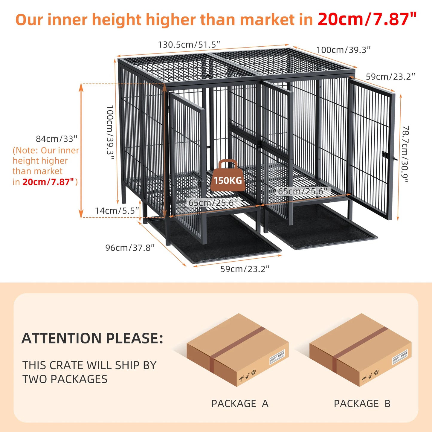 XXXL Large Heavy Duty Metal Dog Cage Raised Crate Pet Playpen Kennel Partition for 2 Dogs with Double Door Tray Divider Playpen