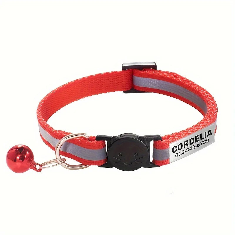 Personalized Reflective Cat Collar Safety Breakaway Cats Collars with Bell Quick Release ID Nameplate Necklace Free Engraving