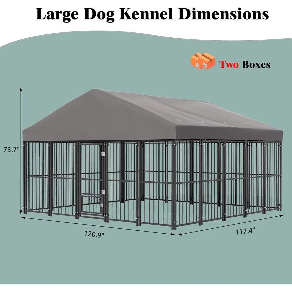 Durable 10x10ft Outdoor Dog Kennel with Feeding Door, Roof, and Double Safety Locks