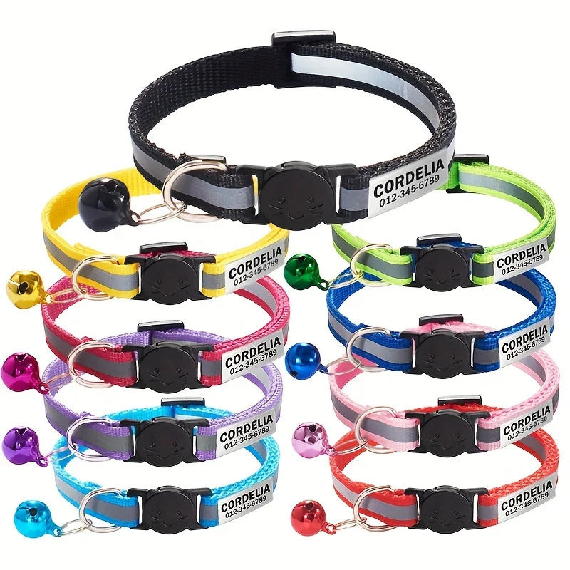 Personalized Reflective Cat Collar Safety Breakaway Cats Collars with Bell Quick Release ID Nameplate Necklace Free Engraving