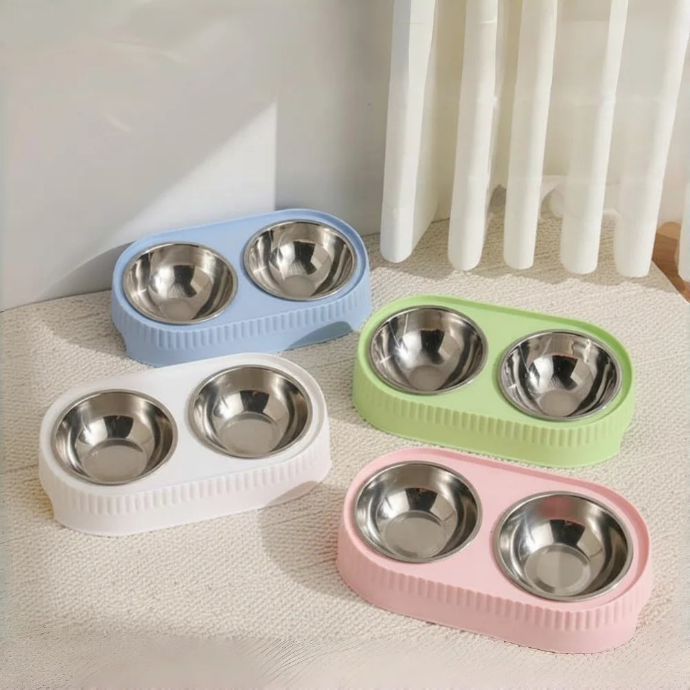 Stainless Steel Double Pet Bowl: Elevated Feeder with Non-Slip Wide Base, Dual Compartment for Food & Water with Neck Support