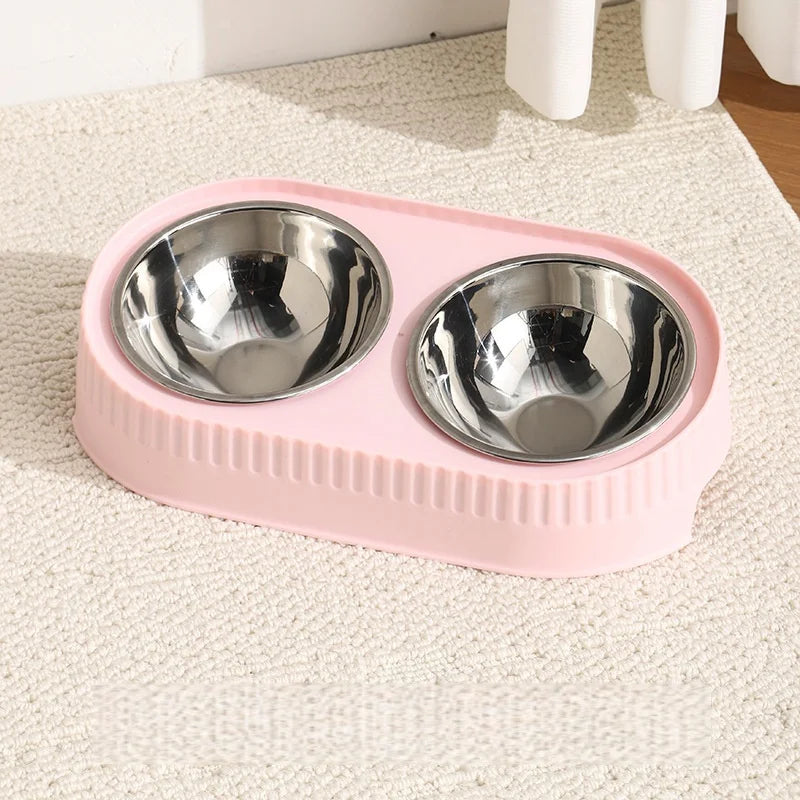 Stainless Steel Double Pet Bowl: Elevated Feeder with Non-Slip Wide Base, Dual Compartment for Food & Water with Neck Support